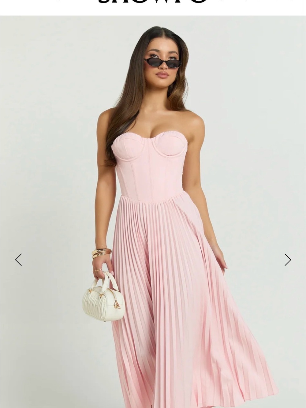 Showpo Loretta Strapless Pleated Midi Dress in Light Pink